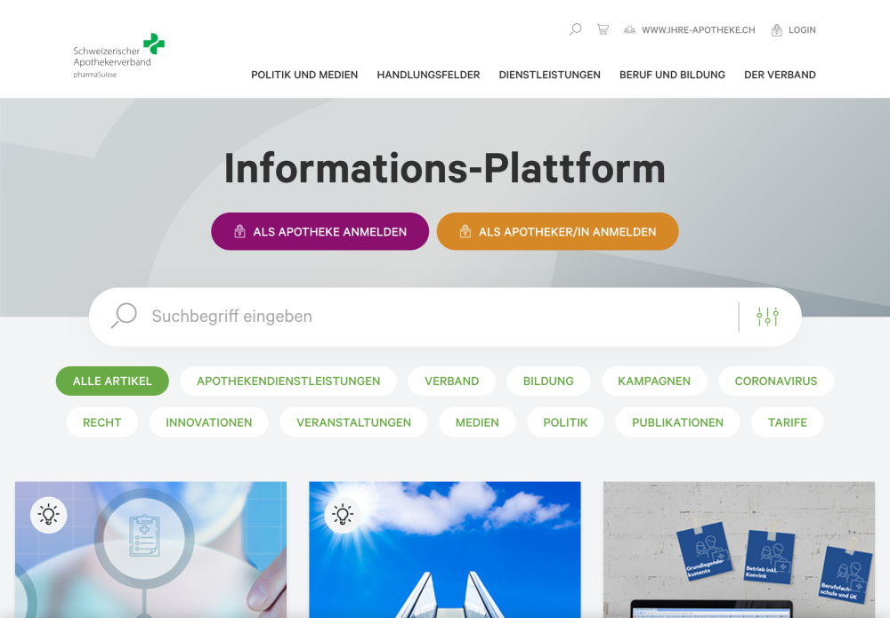 Desktop Design der Startseite des Pharma Suisse Infoletters