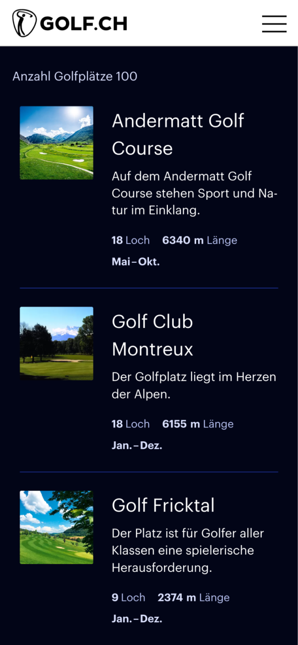 Golfplatzübersicht auf Mobile der Website Golf.ch 