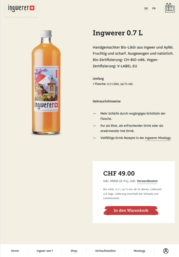Produktdetailseite des Webshops ingwerer.ch
