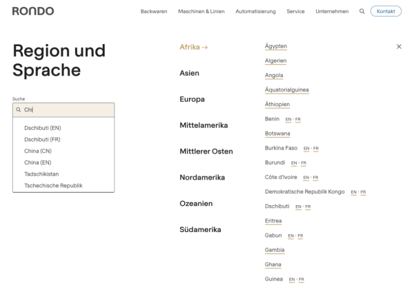 Sprachwechsel auf der Website von RONDO