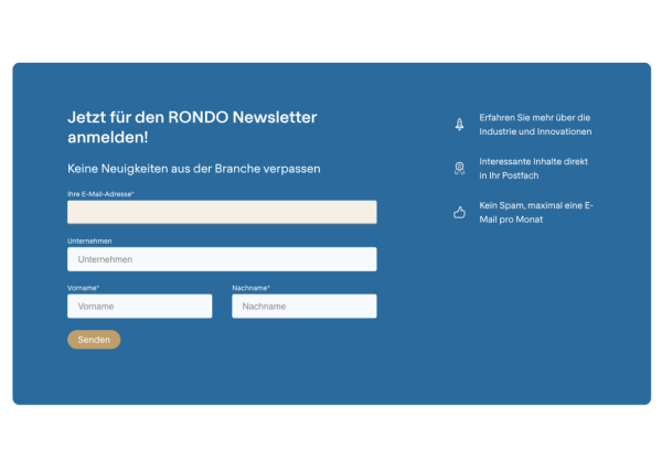 Newsletter Anmeldeformular auf der Website von RONDO