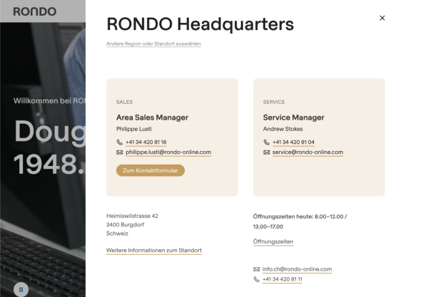 Kontakt Overlay auf der Website von RONDO