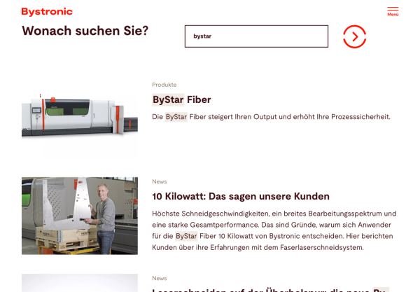 Bystronic Website Suchfunktion