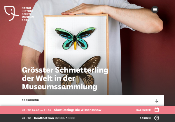 Screenshot der Startseite der Website des Naturhistorischen Museum Bern
