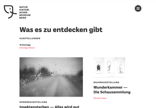 Screenshot der aktuelle Ausstellungen auf der Website des Naturhistorischen Museum Bern