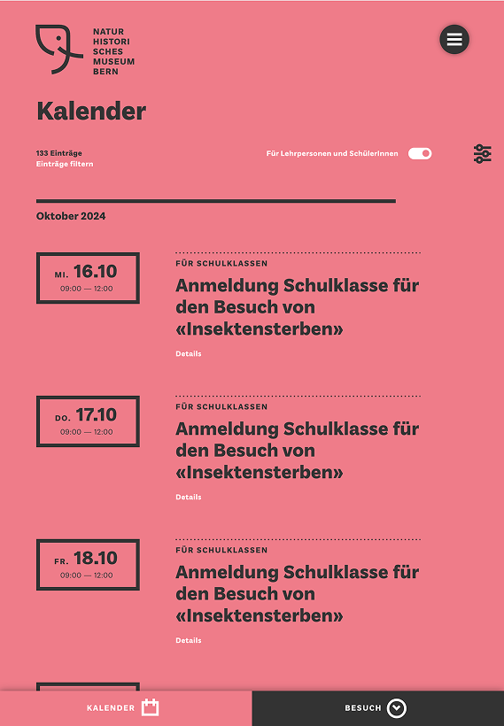 Screenshot der Verstanstaltungskalenders auf der Website des Naturhistorischen Museum Bern