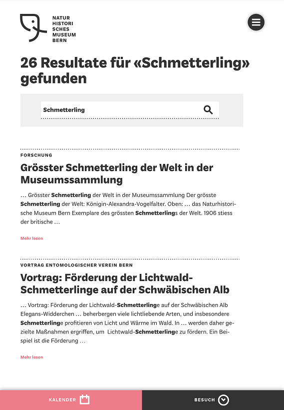 Screenshot der Suche auf der Website des Naturhistorischen Museum Bern