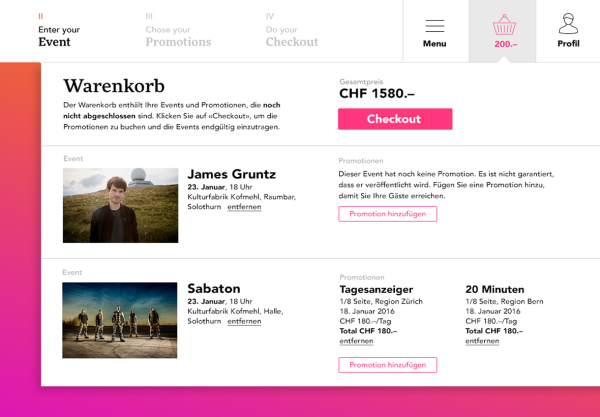 Screenshot Übersicht der gewählten Eventpromotionen im Warenkorb von Eventbooster